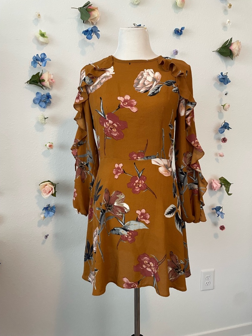 Mustard Floral Ruffle Sleeve Dress